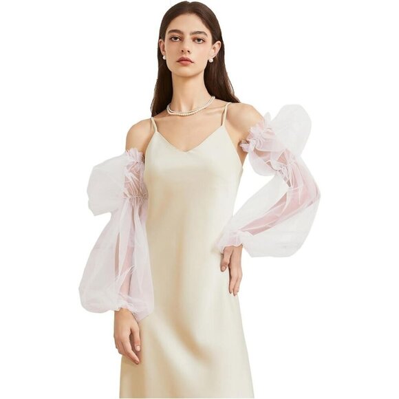 Accessories - Women's White 2 Satin Tulle Ruffled Puff Long Gloves Banquet Wedding Party